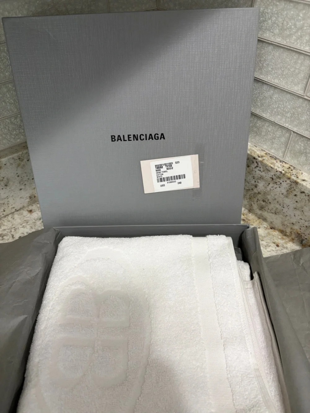 Balenciaga White Embossed Logo Cotton Hand Towel